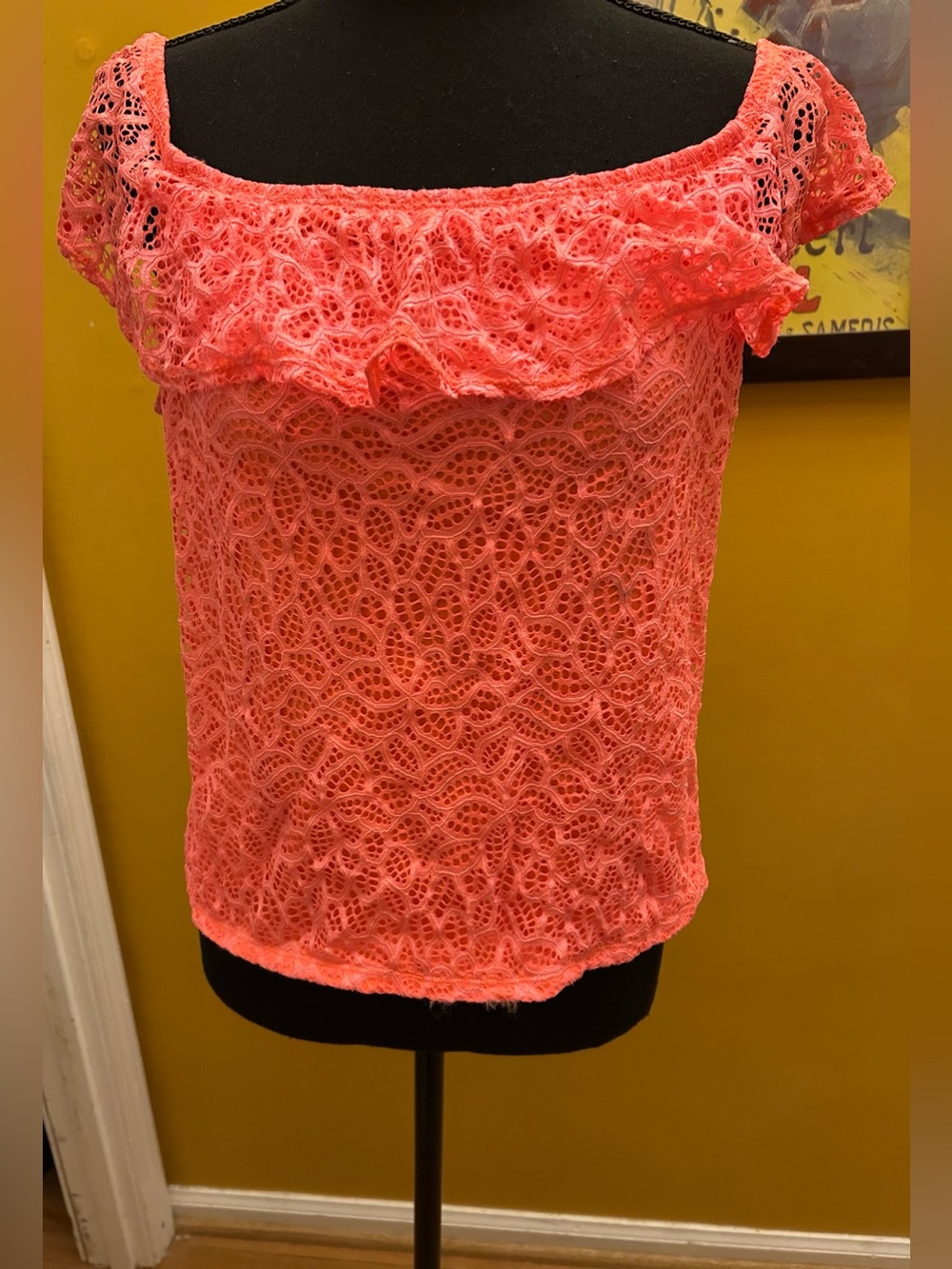 Express One Eleven Bright Neon Lace Coral Off Shoulder Flounce Ruffle Neck Top L